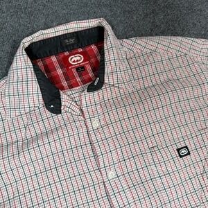 Ecko Unltd Mens Button Up Shirt Short Sleeve L Red Black Plaid The Dwyer Woven